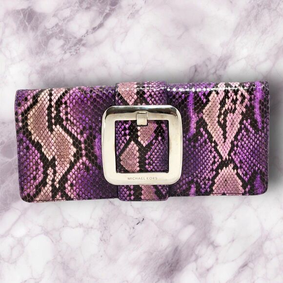 Michael Kors Purple Black Faux Snakeskin Clutch w/ Oversized Buckle Evening Bag - Picture 2 of 9